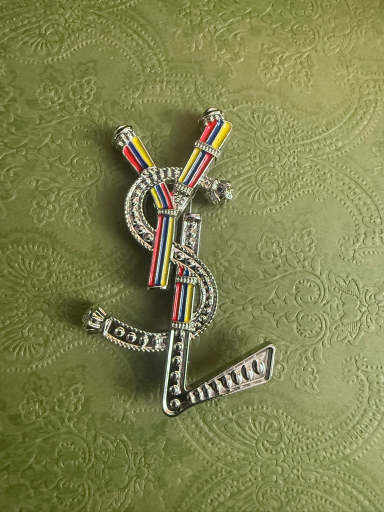 New Saint Laurent Silver Tone Brooch No Box